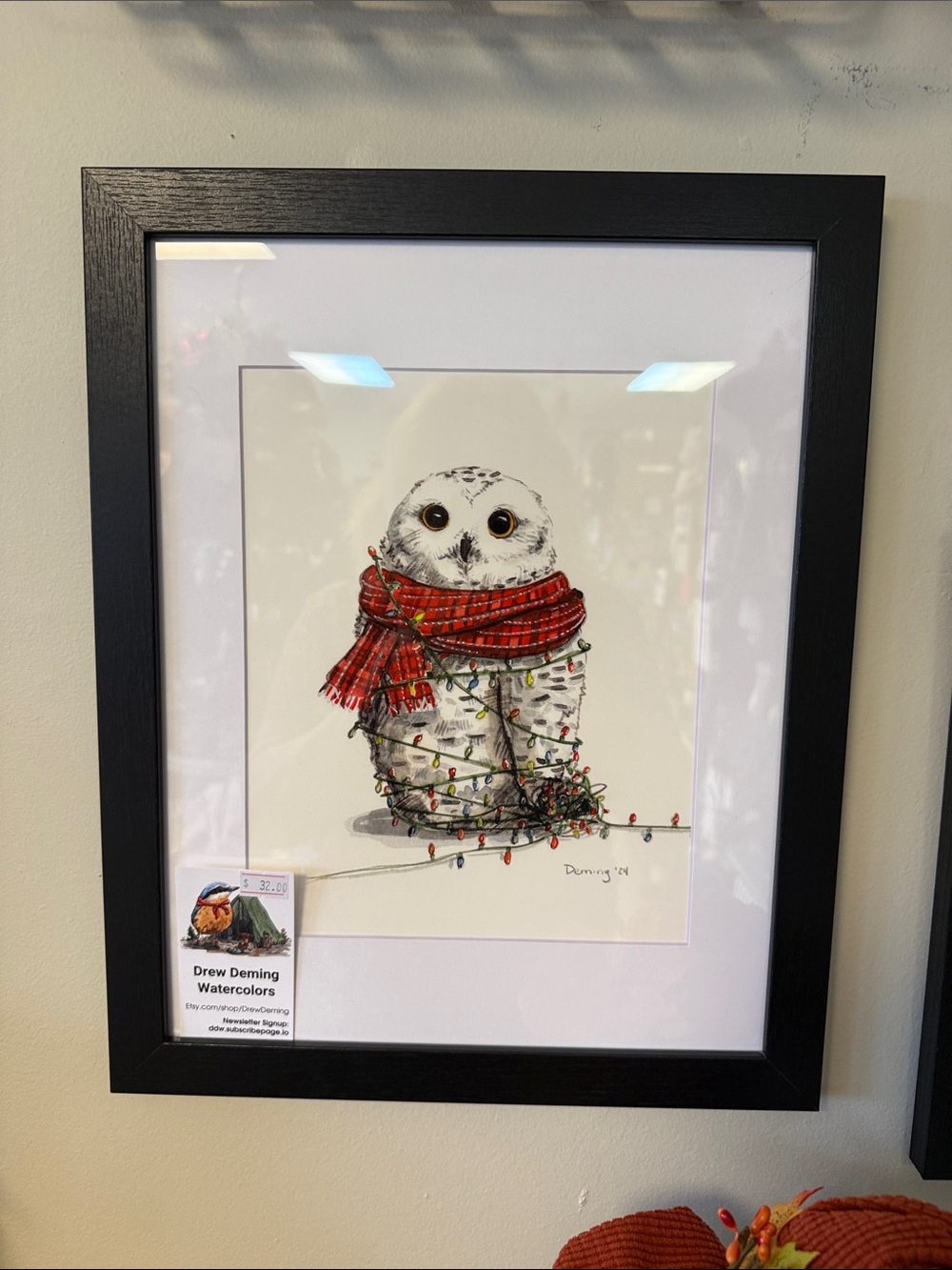 Framed Snowy Owl Print with Red Scarf by Drew Deming